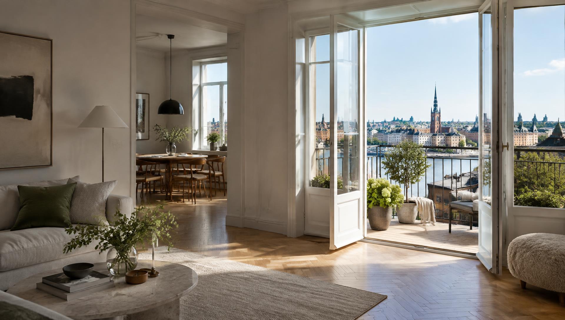Ljus lägenhet med balkong och utsikt över Stockholms tak och vatten