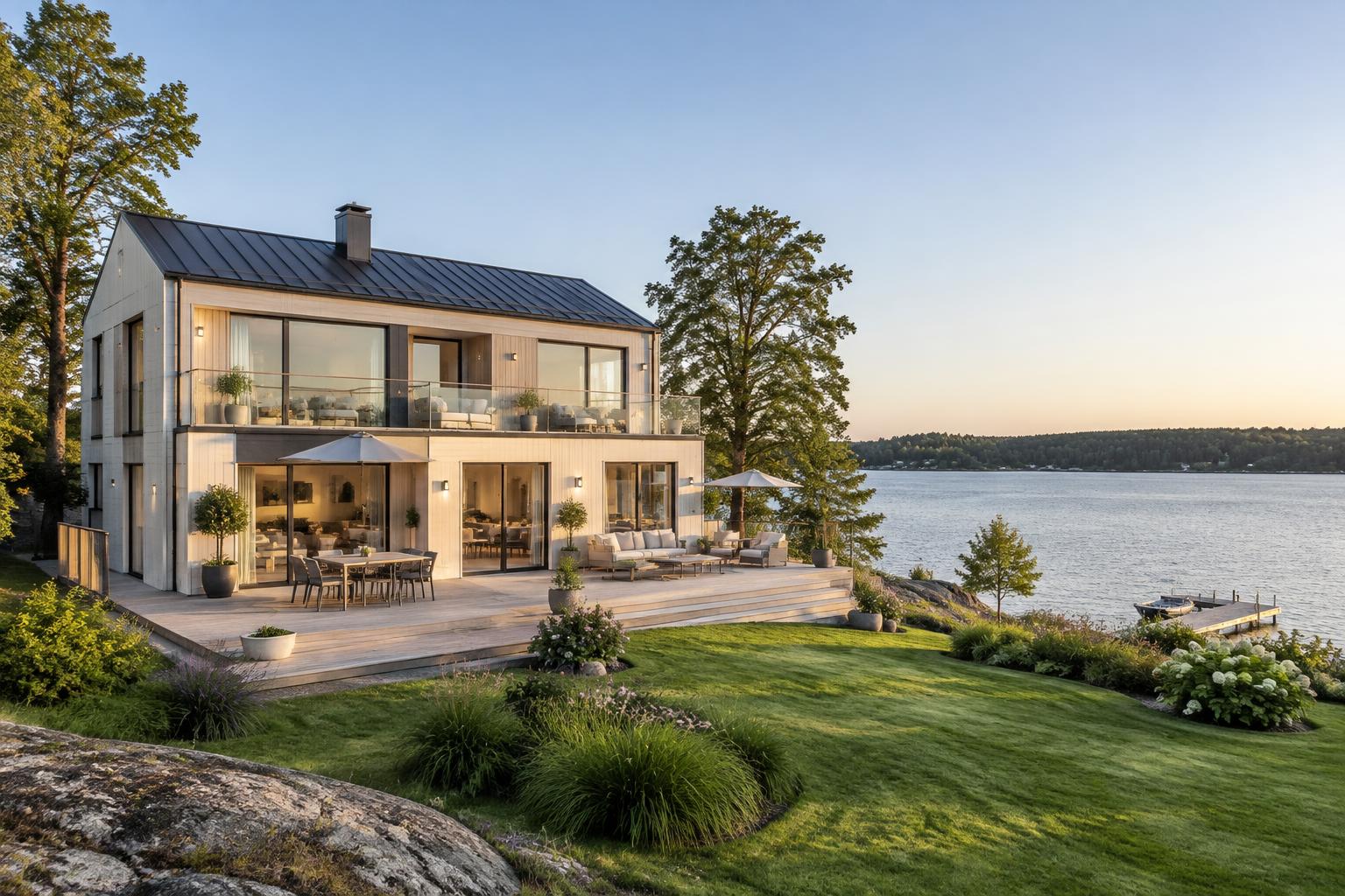 Illustrativ svensk villa med trädgård och terrass vid en sjö
